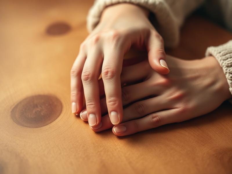 Two hands resting together on a wooden table